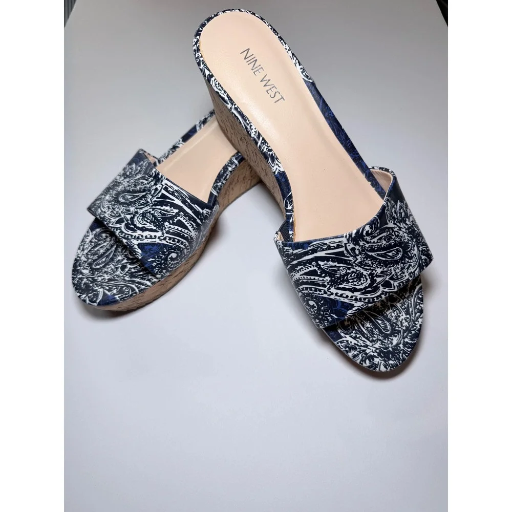 Nine West Confettyo Blue White Paisley Cork Wedge Sandals Mens 9.5M